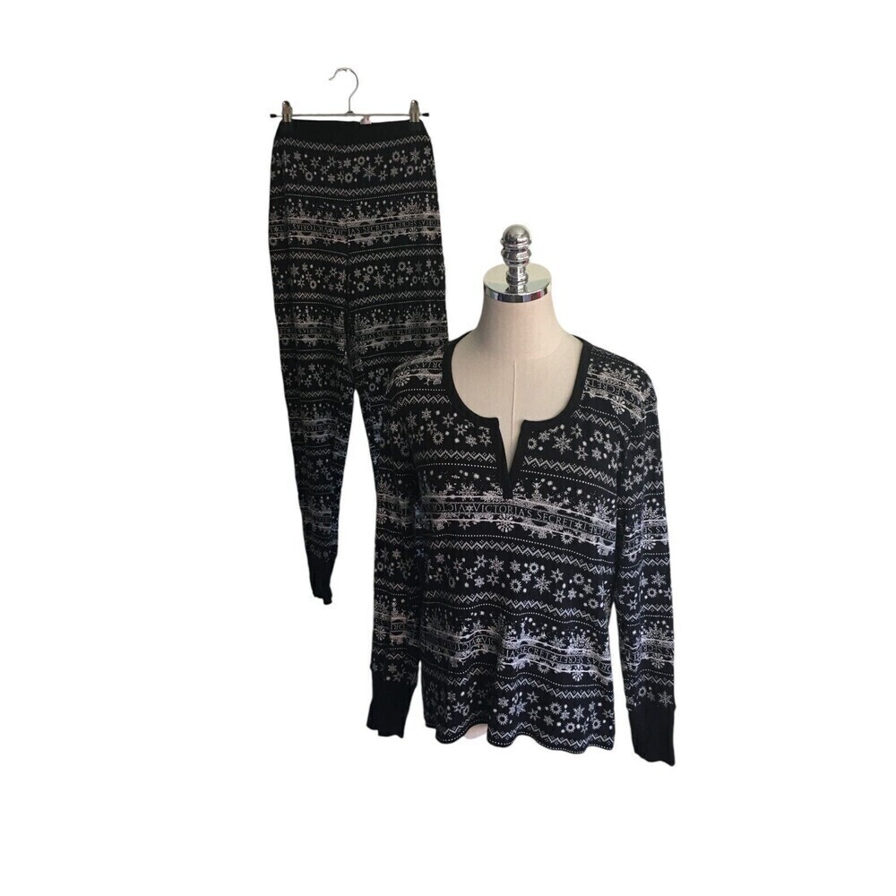 Victoria's Secret Pajama Set Women's Size Large Black White Winter Snowflakes